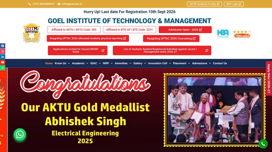 Goel Institute of Technology & Management website homepage screenshot
